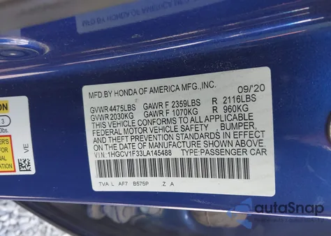 2020 Honda Accord Sport from USA, damaged, VIN 1HGCV1F33LA145488